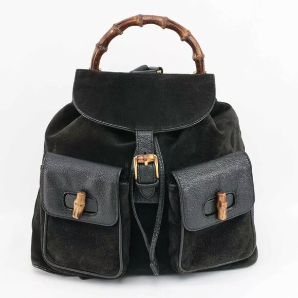 Authentic Gucci Black Suede Backpack Bamboo Handle - Picture 1 of 15